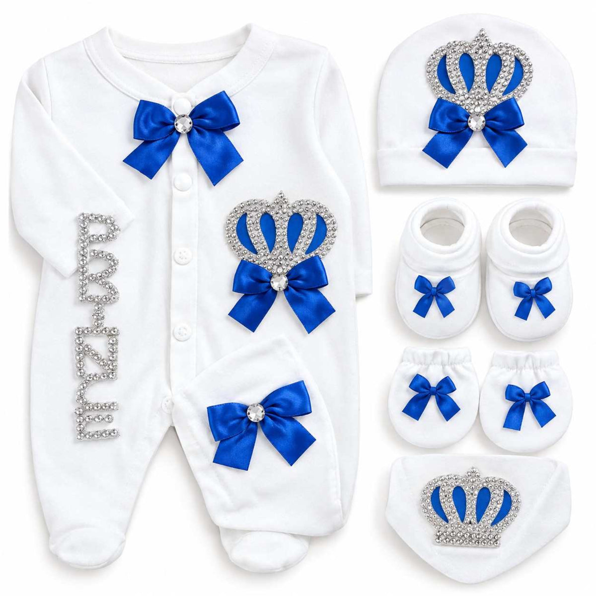 Newborn Rhinestone Crown Romper 5-Piece Set - White & Royal Blue