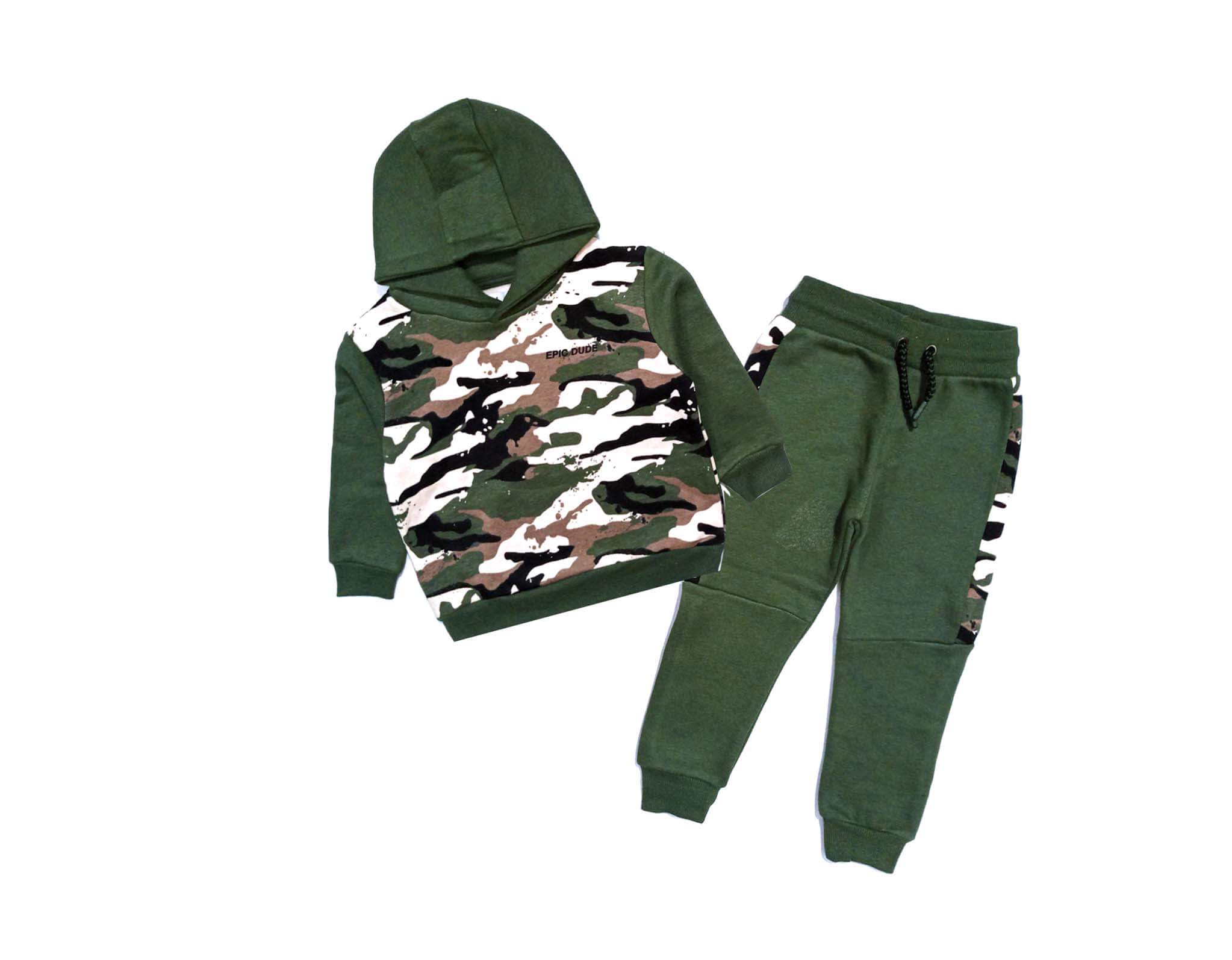 Olive Green Camouflaged Style Hoody Fleece Tracksuit