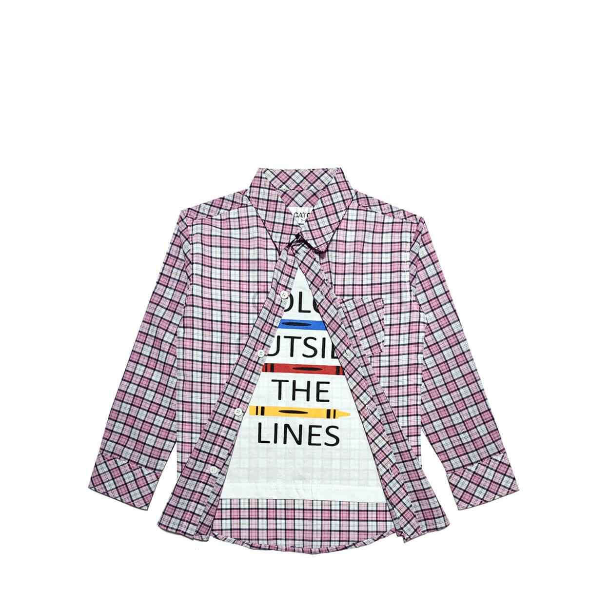 Out Side Checked Twofer Double Cotton Casual Shirt - Light Pink