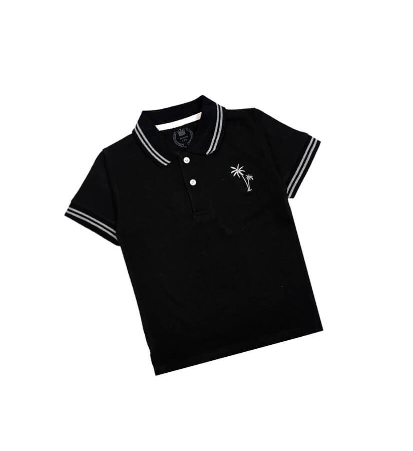Palm Tree White Tipping Colar Polo Shirt – Black