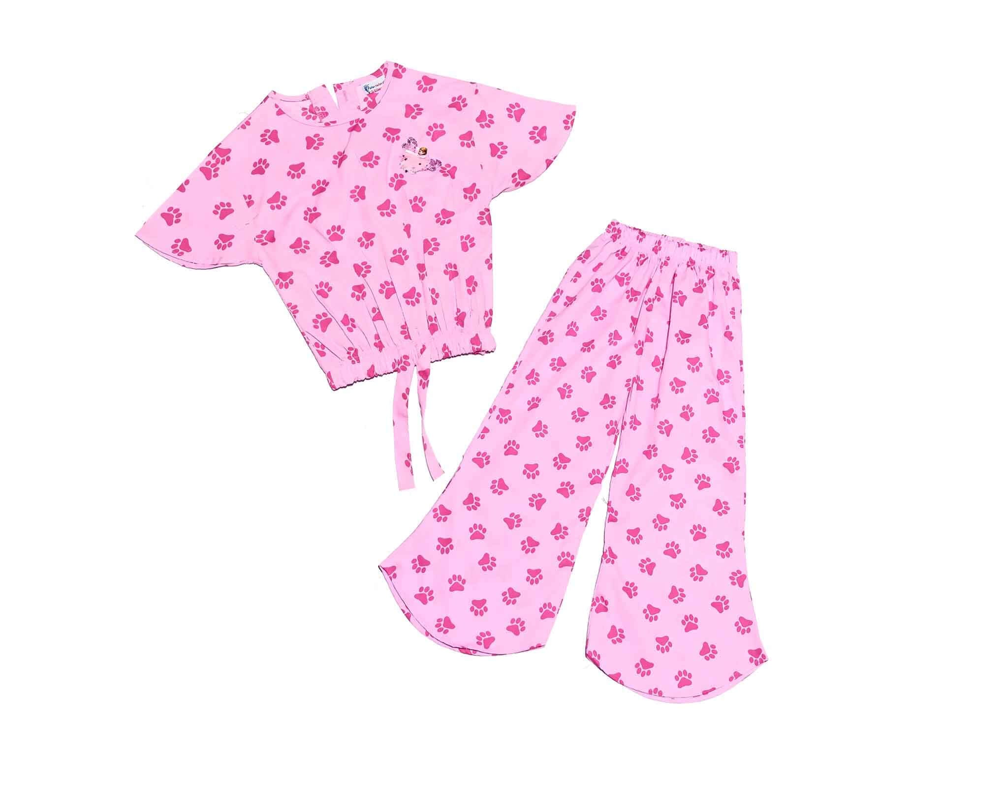 Paw Print Fish Cut Cotton Top & Trouser - Baby Pink