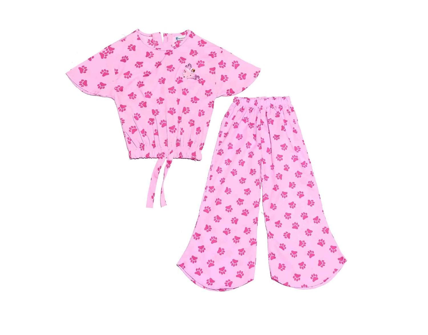 Paw Print Fish Cut Cotton Top & Trouser - Baby Pink
