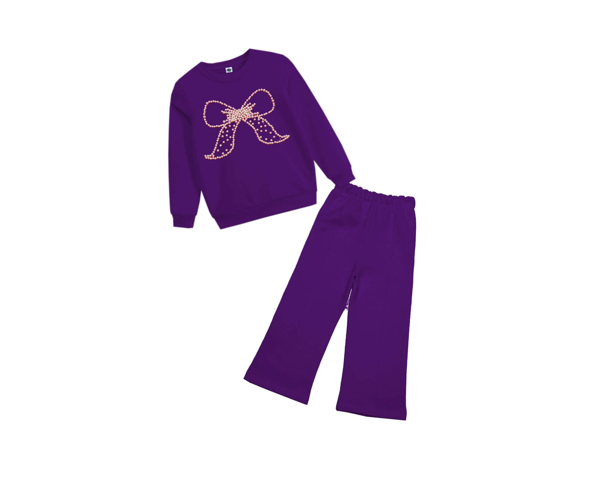 Pearls Hand Made  Bow Fleece Sweat with Flare Trouser  - Purple