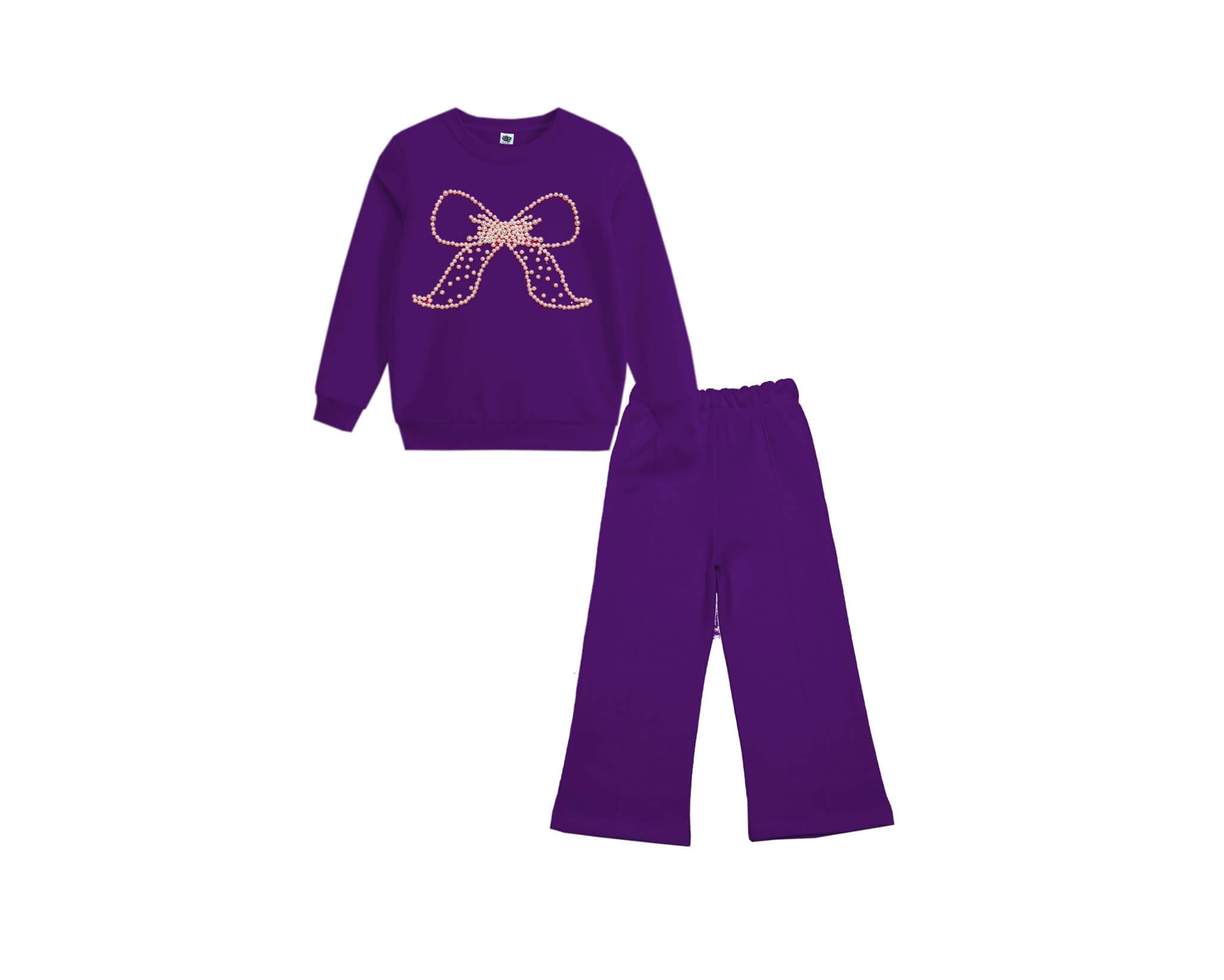 Pearls Hand Made  Bow Fleece Sweat with Flare Trouser  - Purple