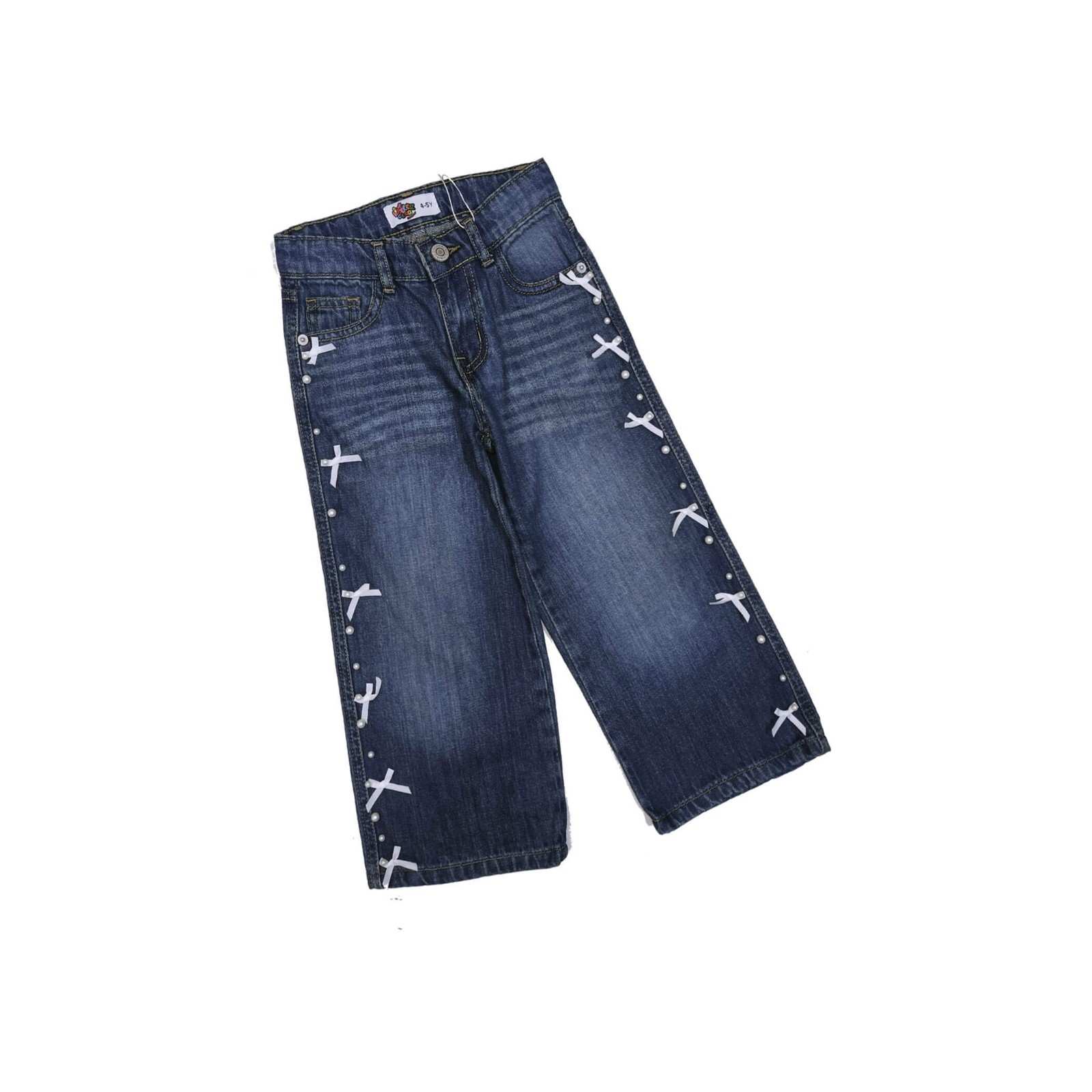 Pearls With Cute Bow Denim Pant - Mid Blue