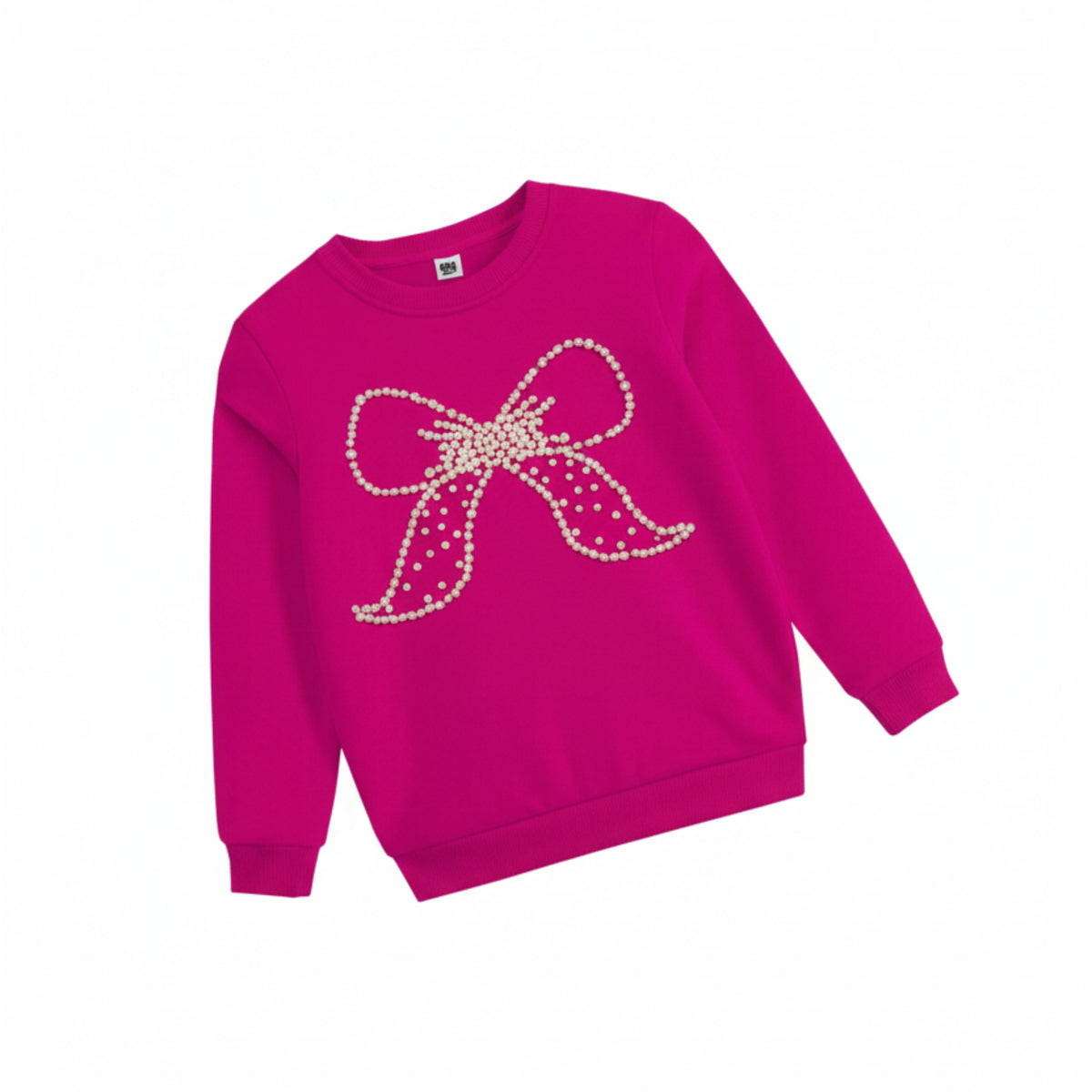 Pearls Hand Made  Bow Fleece Sweat Shirt - Shocking Pink