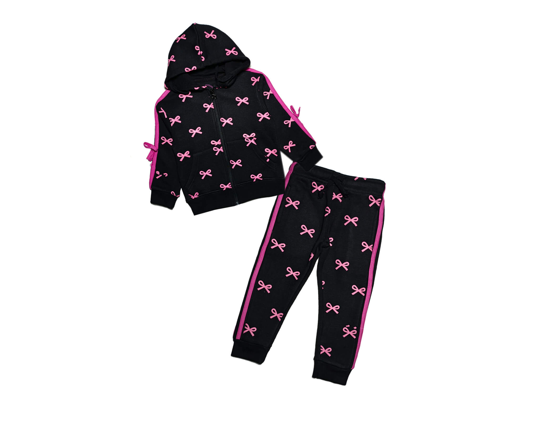 Pink Bows Zipper Hoodie Tracksuit -Black