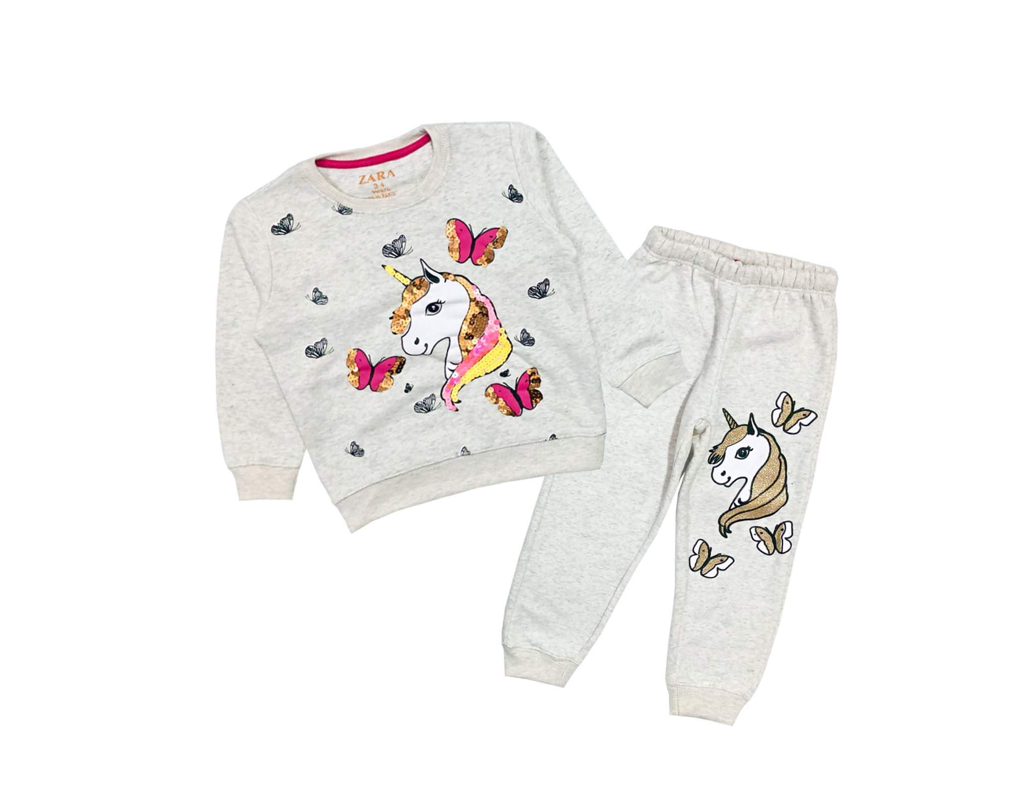 Pink Butterfly With Sequence Unicorn Fleece Tracksuit - Gray
