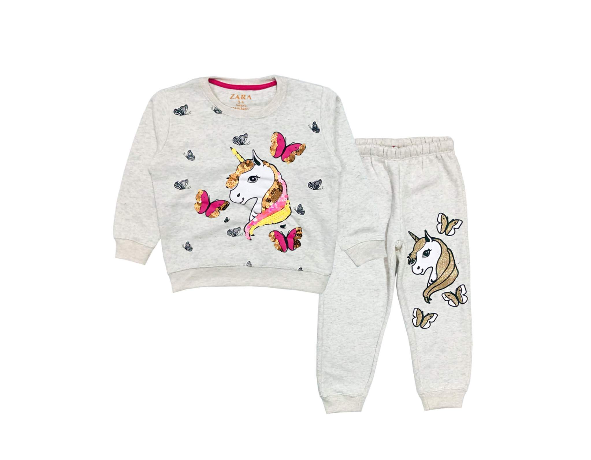 Pink Butterfly With Sequence Unicorn Fleece Tracksuit - Gray
