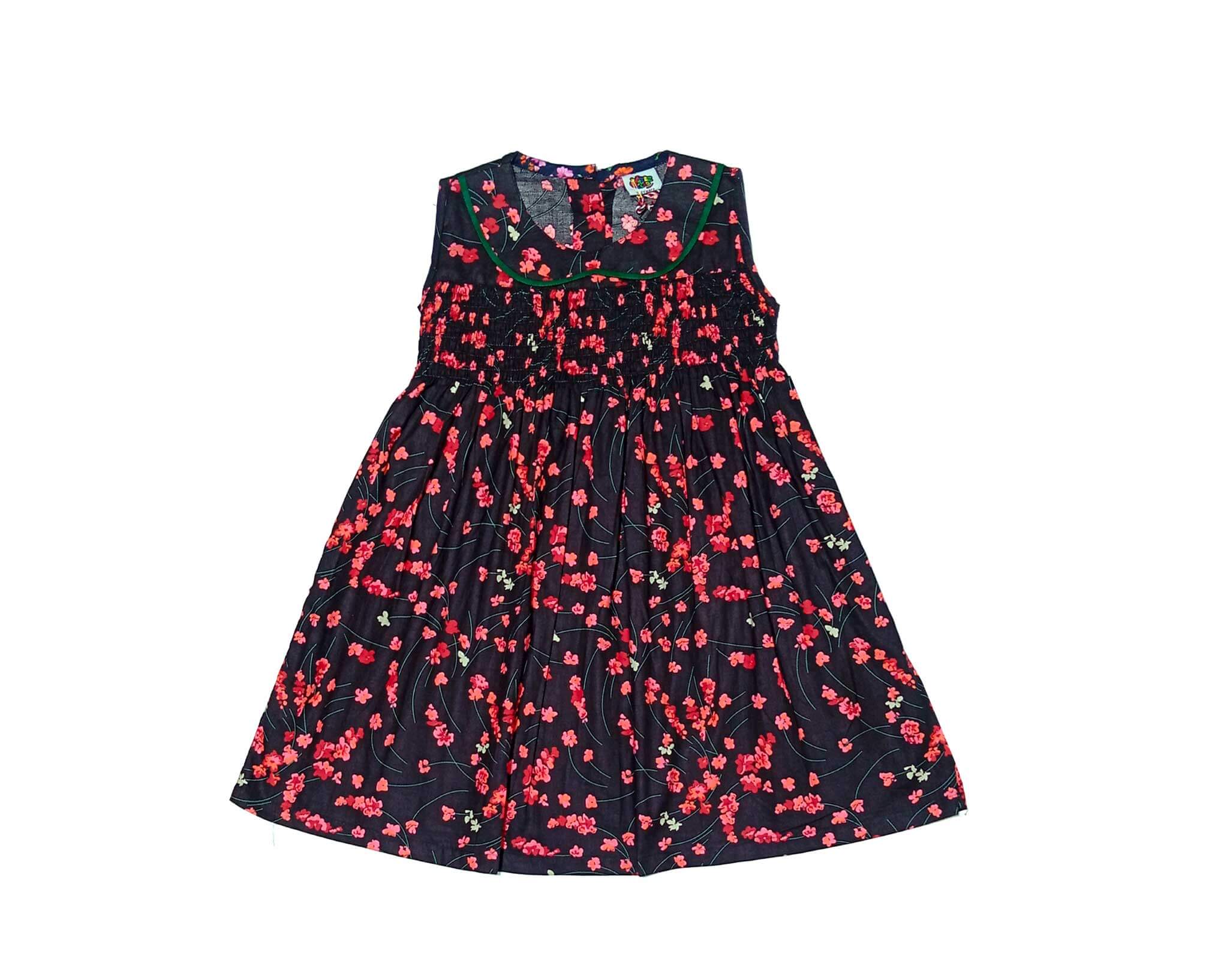 Pink Florals Baby Coller Cotton Maxi Frock -Black