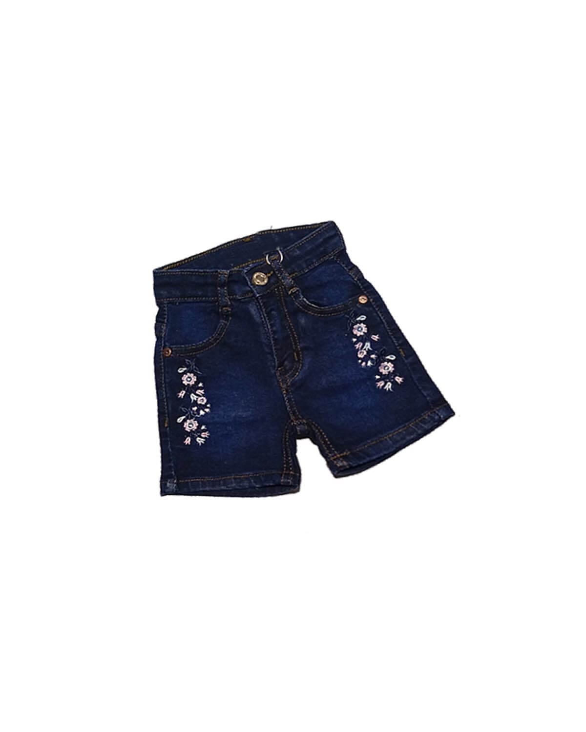 Pink Flowers Denim Shorts - Dark Blue