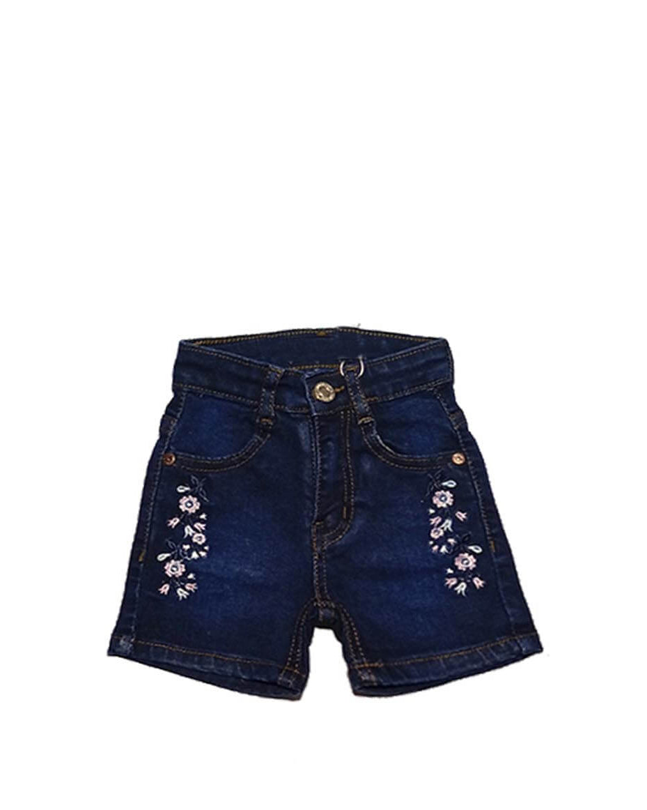 Pink Flowers Denim Shorts - Dark Blue
