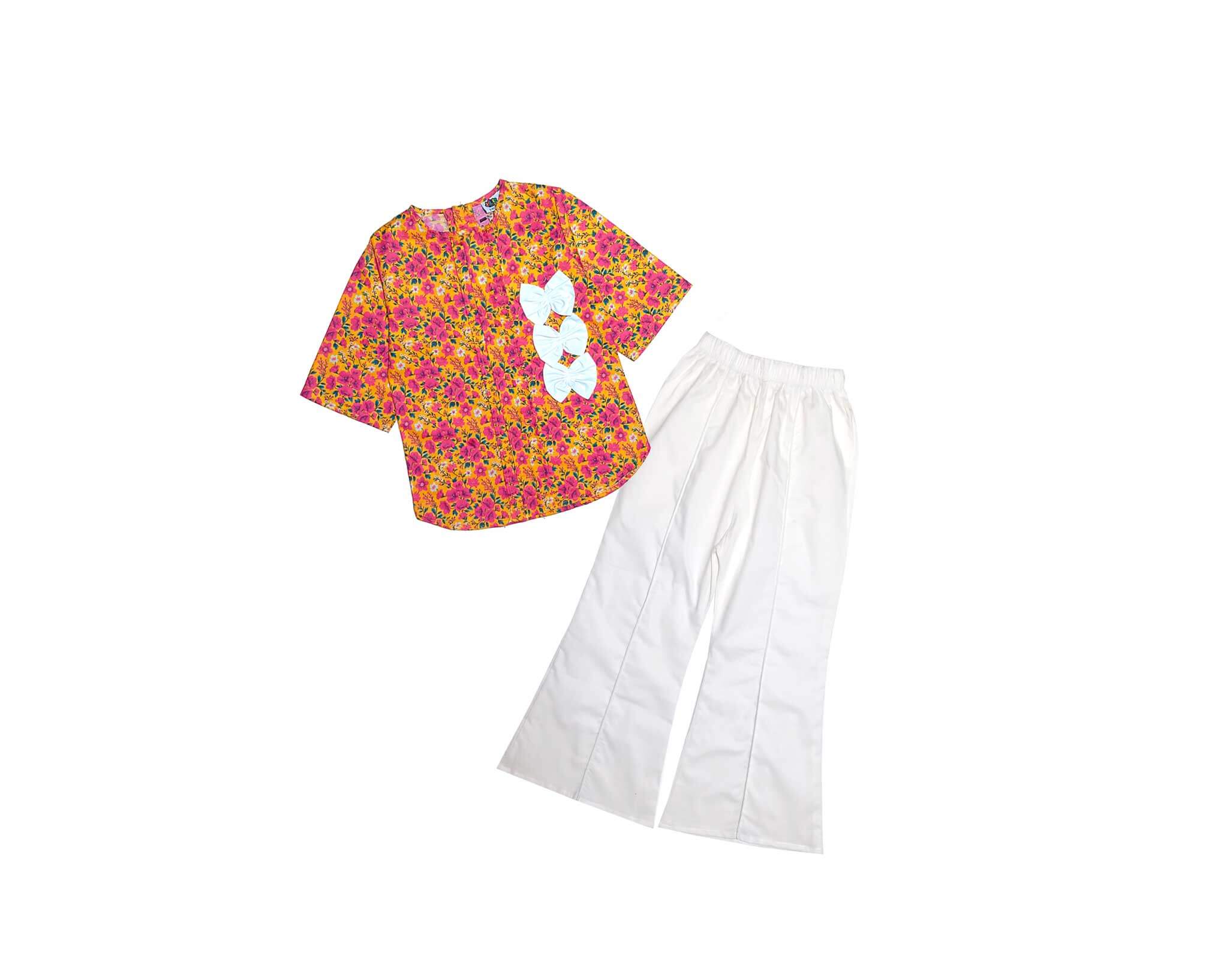 Pink Flowers Garden Pleatts Cotton Top With Flapper Trouser - Mustard & Off White