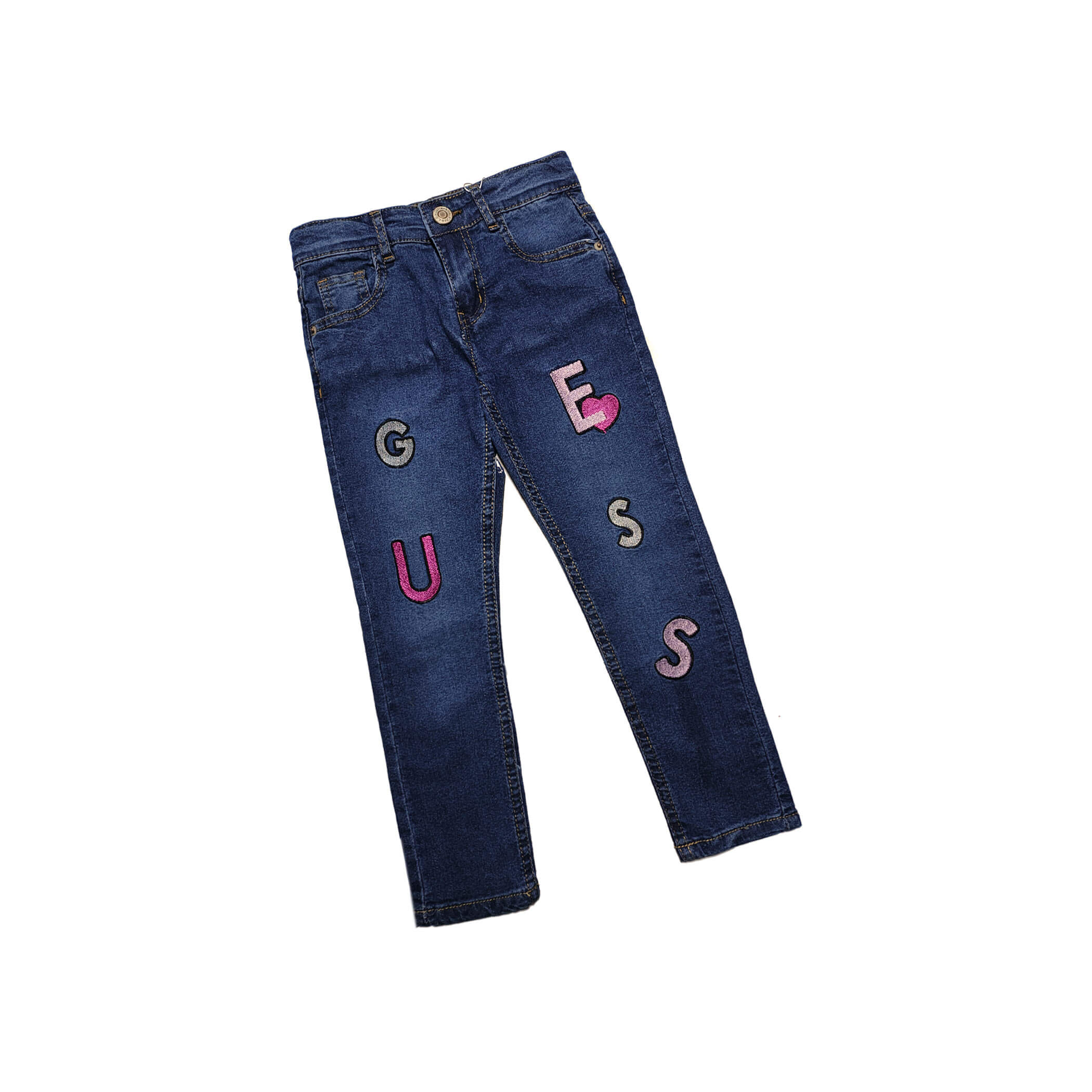 Pink Heart Guess Straight Denim Pant - Dark Blue