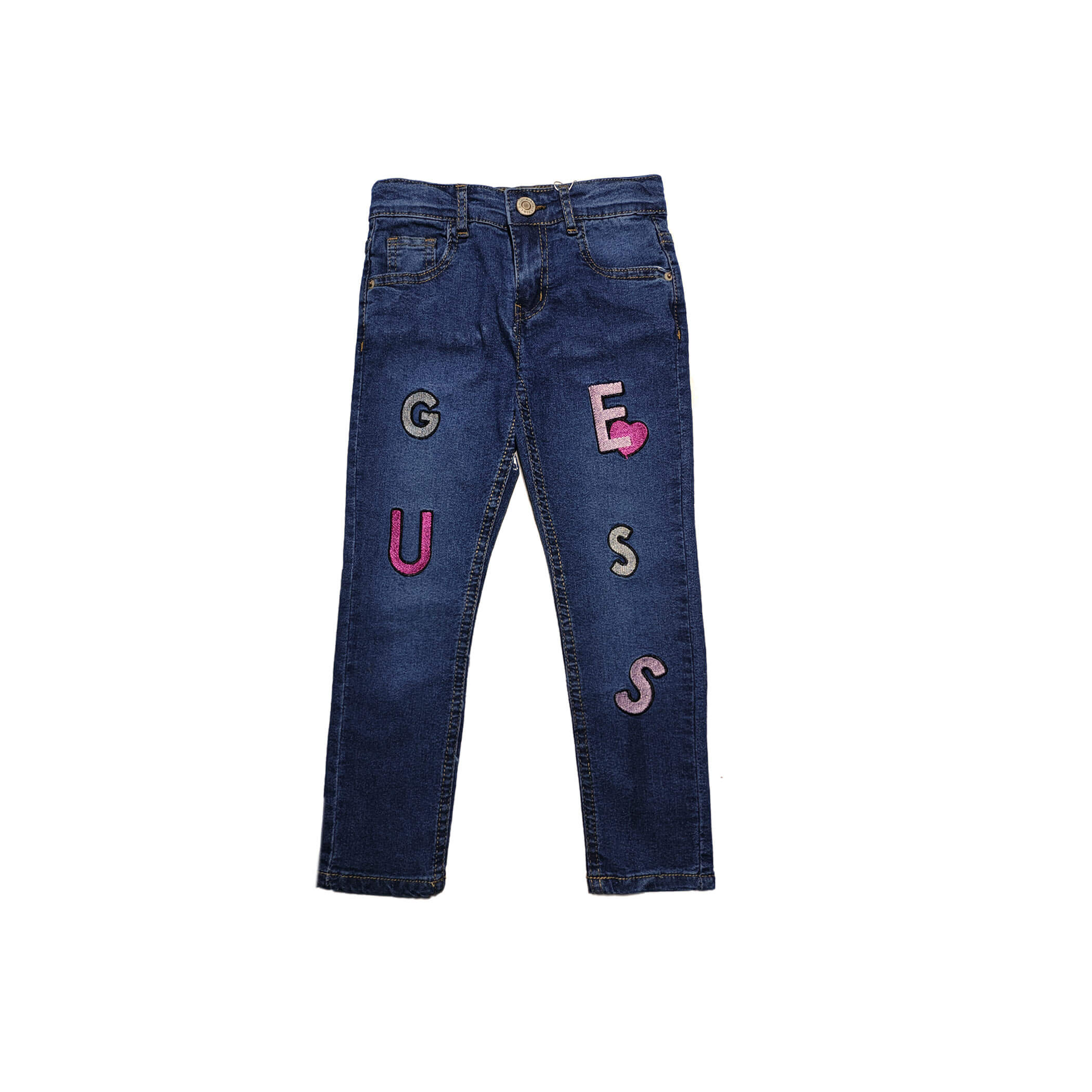 Pink Heart Guess Straight Denim Pant - Dark Blue