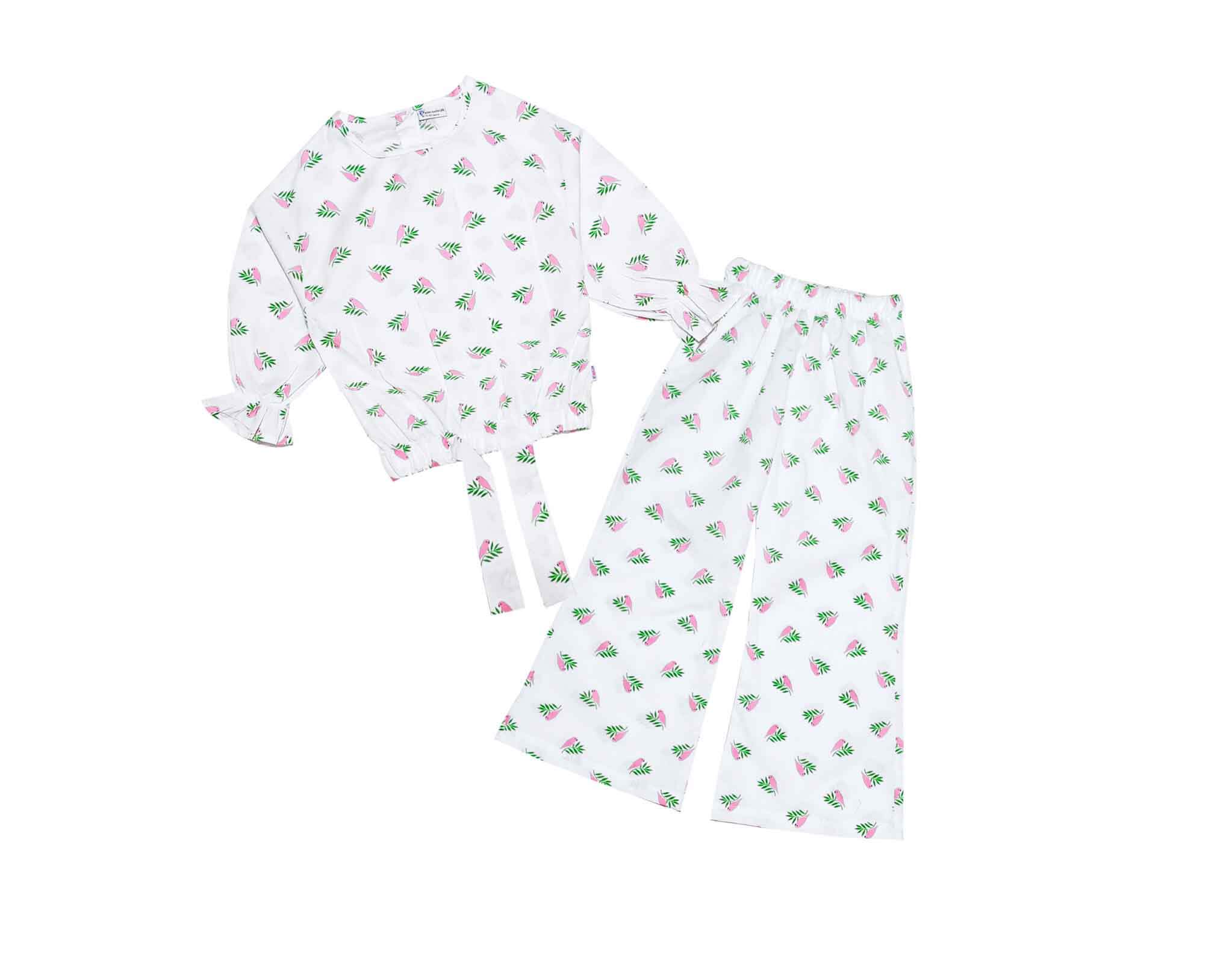 Pink Perrots  Cotton Short Top with Bell Bottom Trouser - White