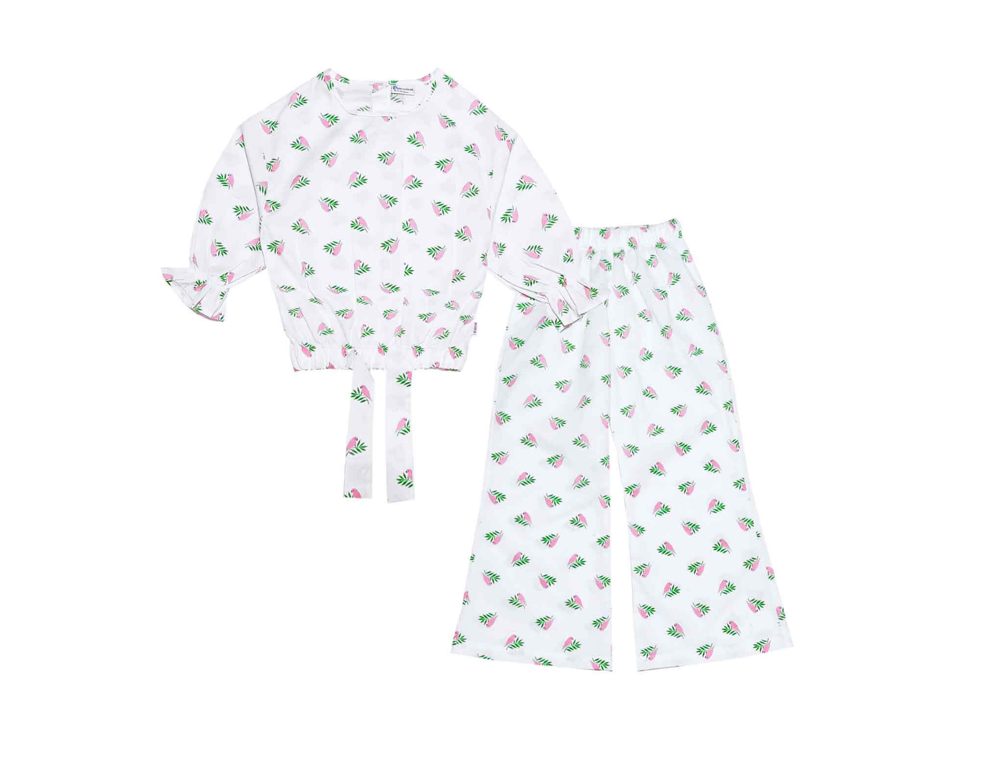 Pink Perrots  Cotton Short Top with Bell Bottom Trouser - White