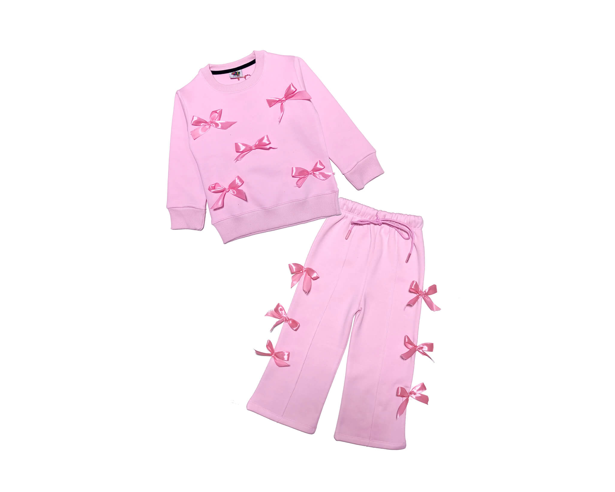 Pink Ribbon Stylish Bow Fleece Sweat with Flare Trouser  - Baby Pink