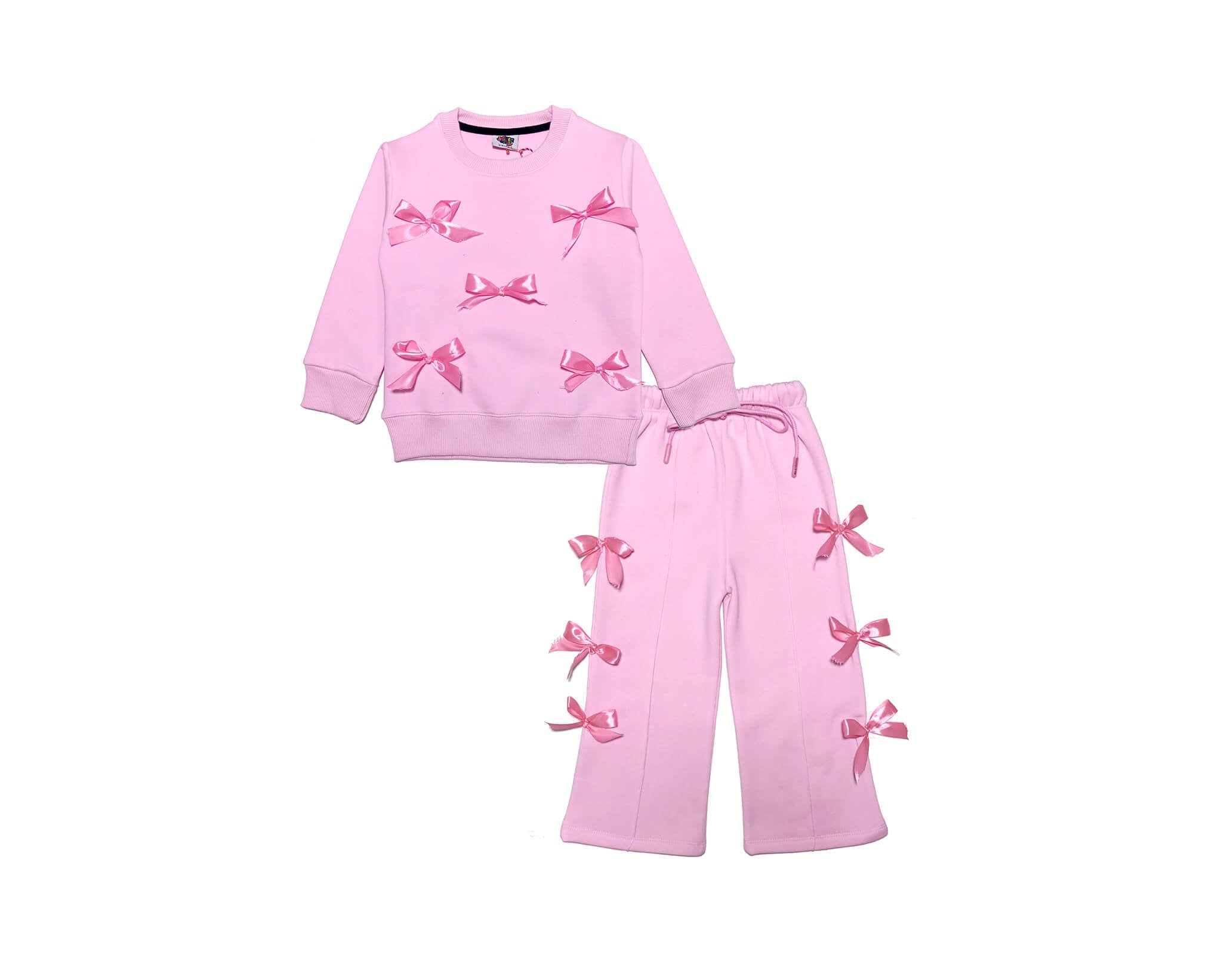 Pink Ribbon Stylish Bow Fleece Sweat with Flare Trouser  - Baby Pink