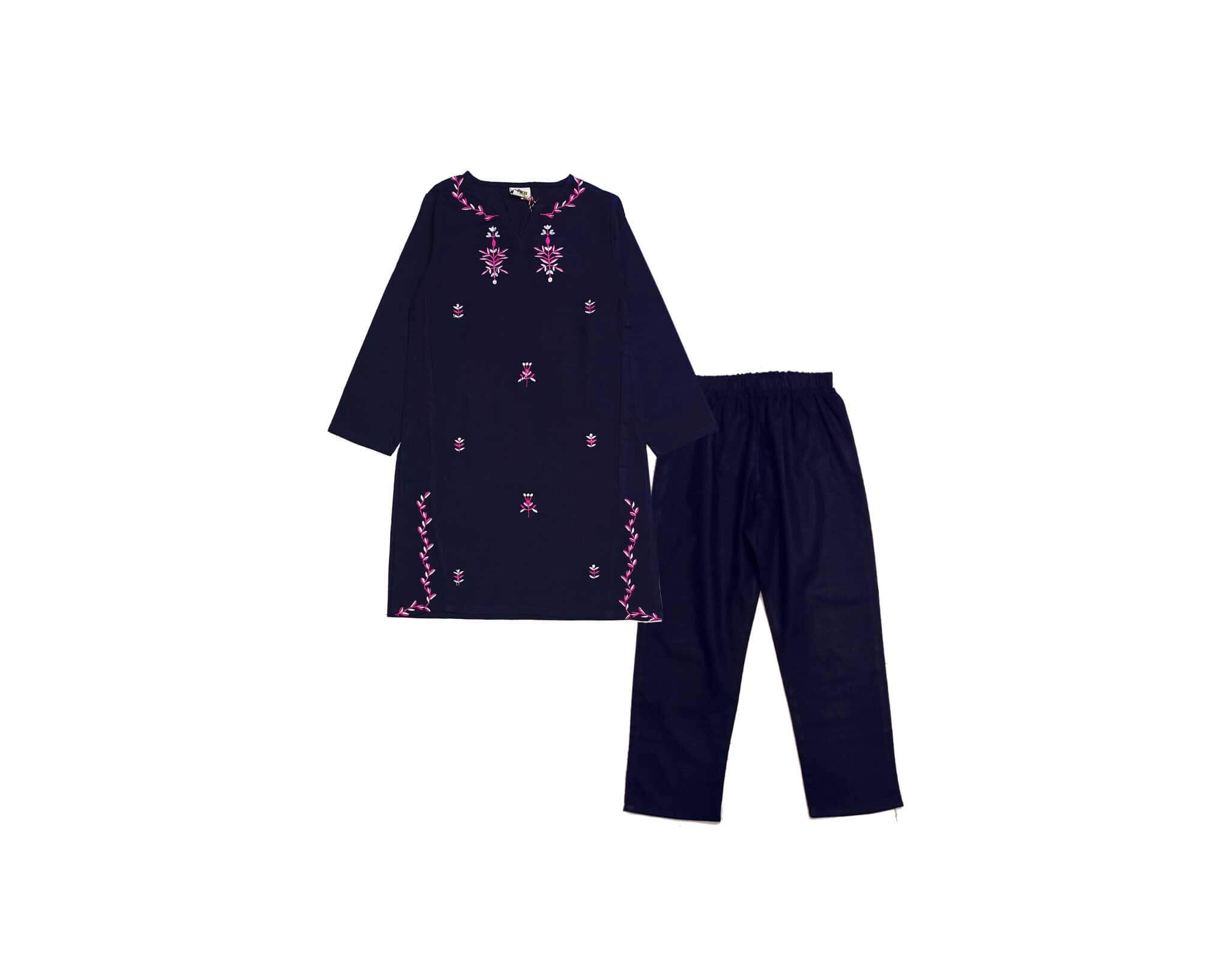 Pink White Emb Floral Khaddar Suit - Navy Blue