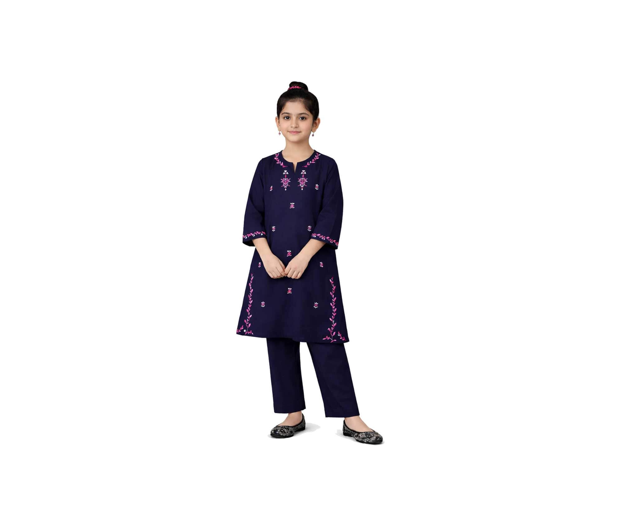 Pink White Emb Floral Khaddar Suit - Navy Blue