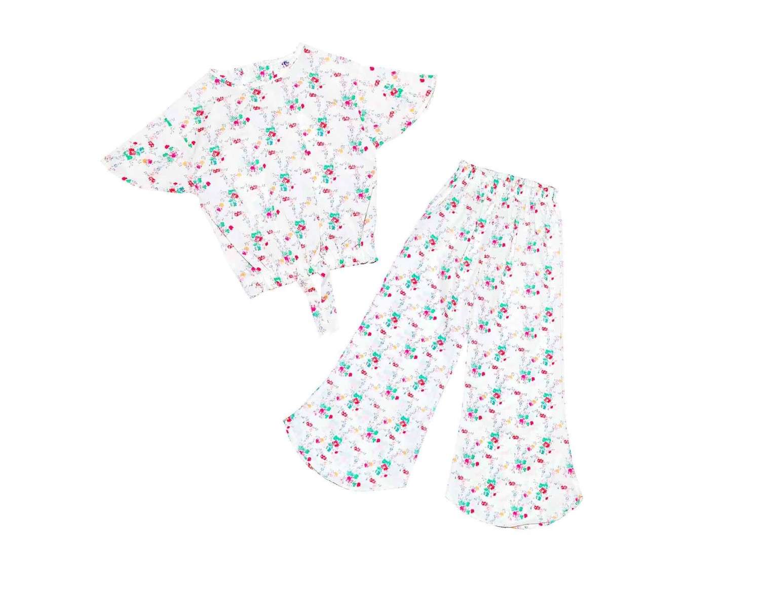 Pink green Florals Fish Cut Cotton Top & Trouser - White