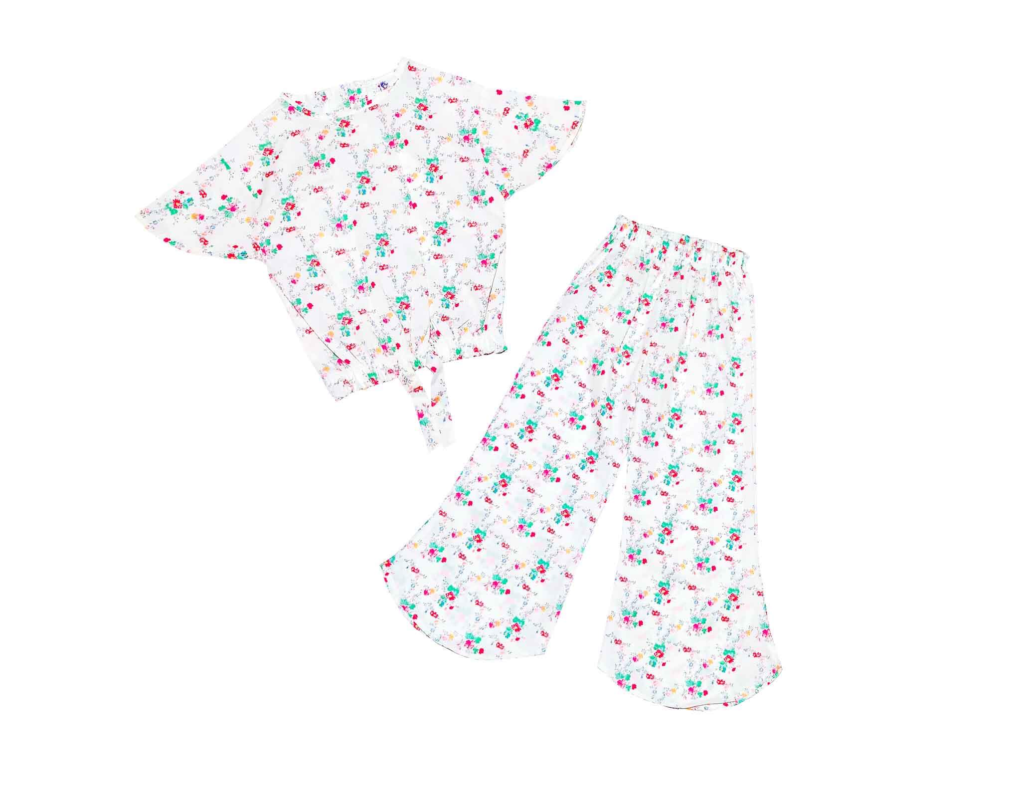 Pink green Florals Fish Cut Cotton Top & Trouser - White