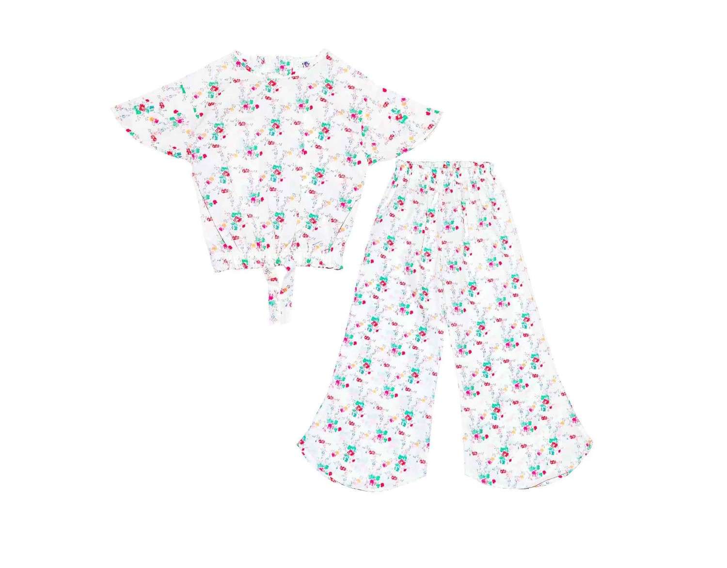 Pink green Florals Fish Cut Cotton Top & Trouser - White
