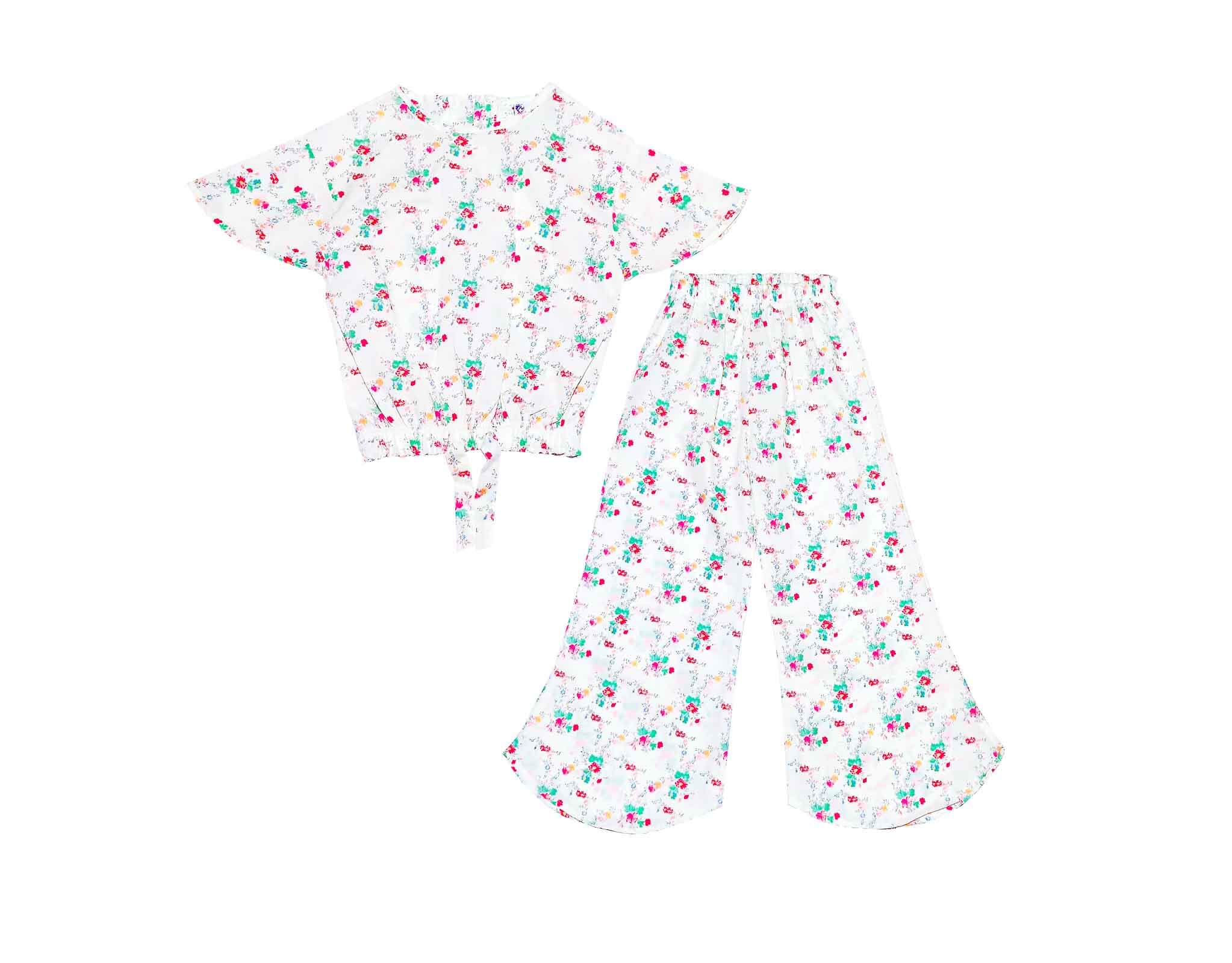 Pink green Florals Fish Cut Cotton Top & Trouser - White