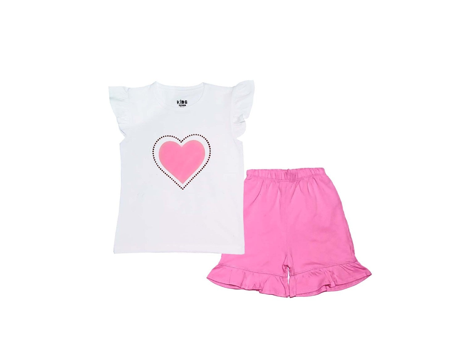 Pink Black Doted Heart Tee With Short - White & Pink