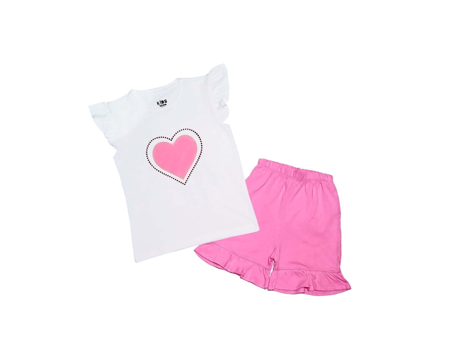 Pink Black Doted Heart Tee With Short - White & Pink1