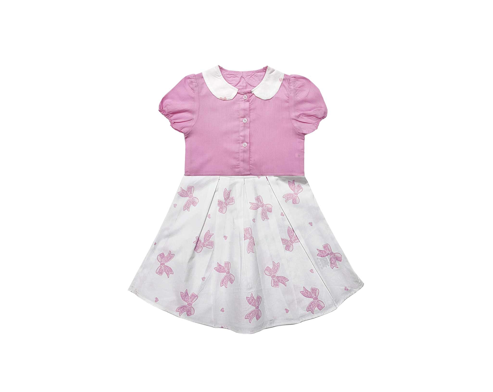 Pink Bow Puff Sleeve Top And Frock - Pink & White