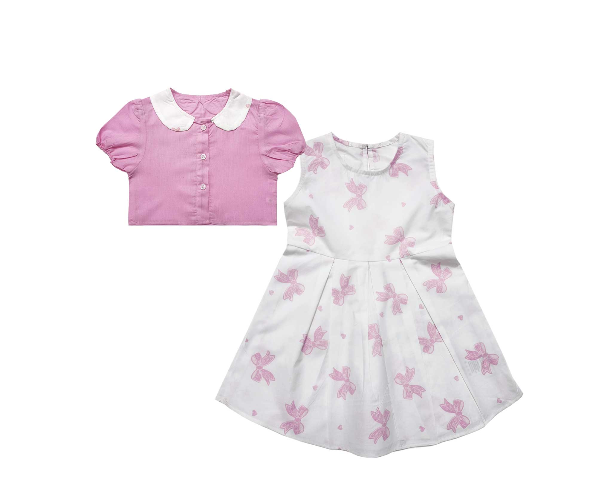 Pink Bow Puff Sleeve Top And Frock - Pink & White