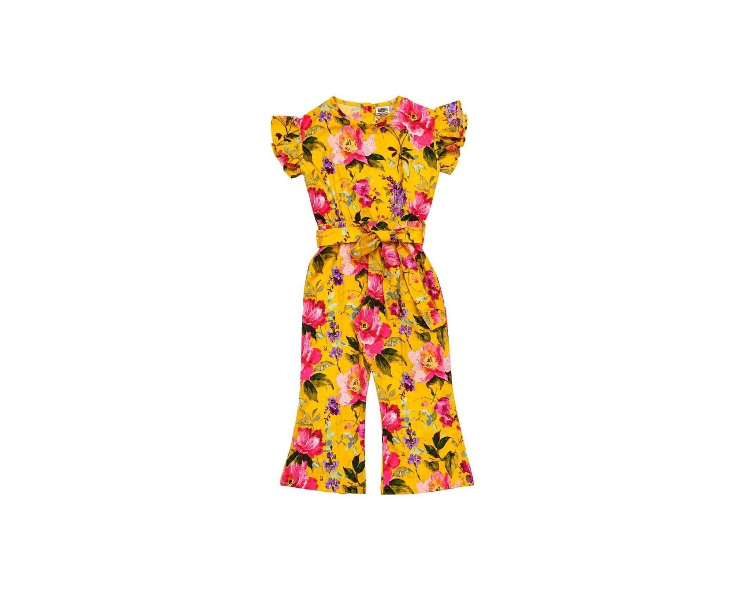 Pink Large Flowers Printed Frill Sleeve Jumpsuit - Yellow