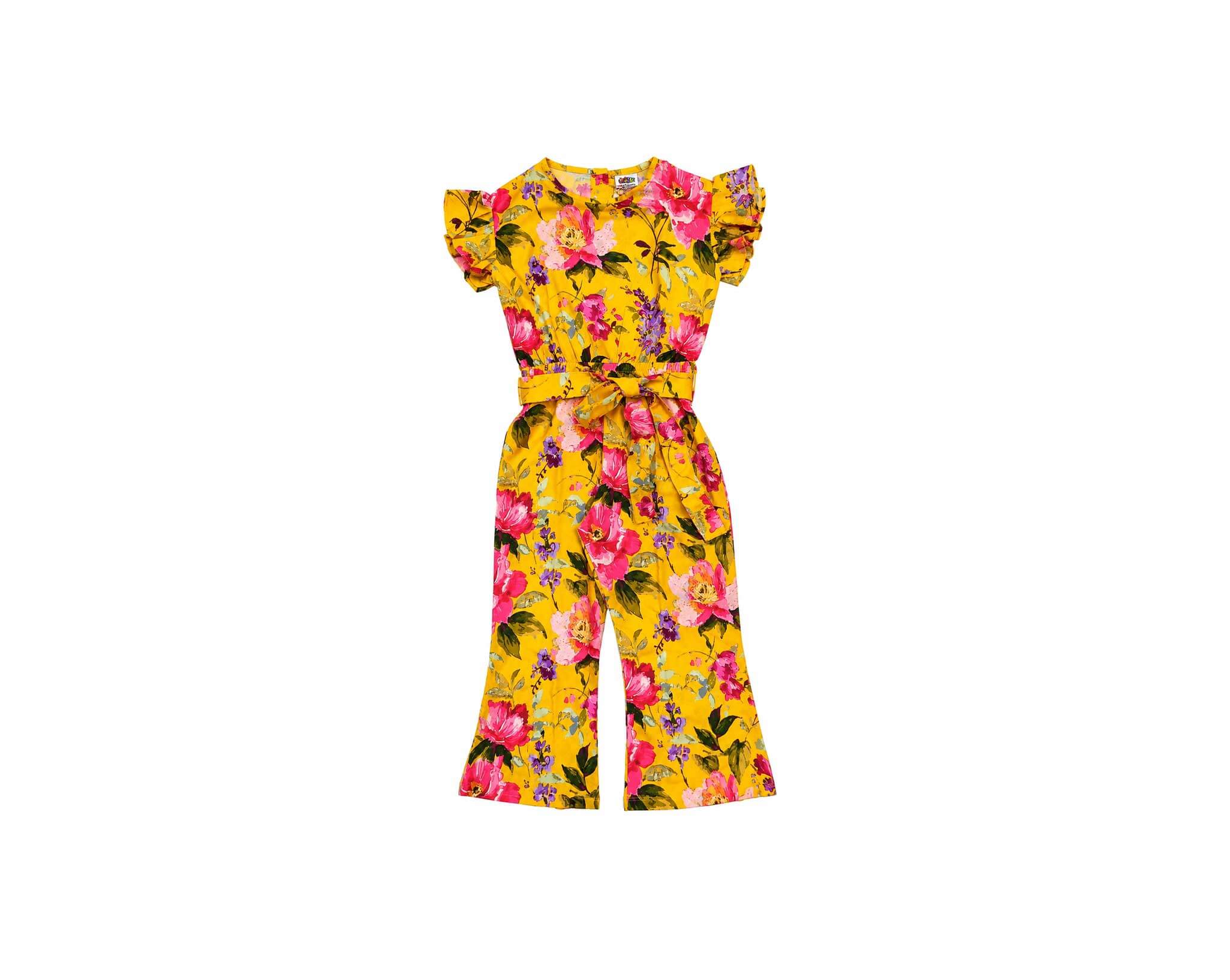 PinkLargeFlowersPrintedFrillSleeveJumpsuit-Yellow