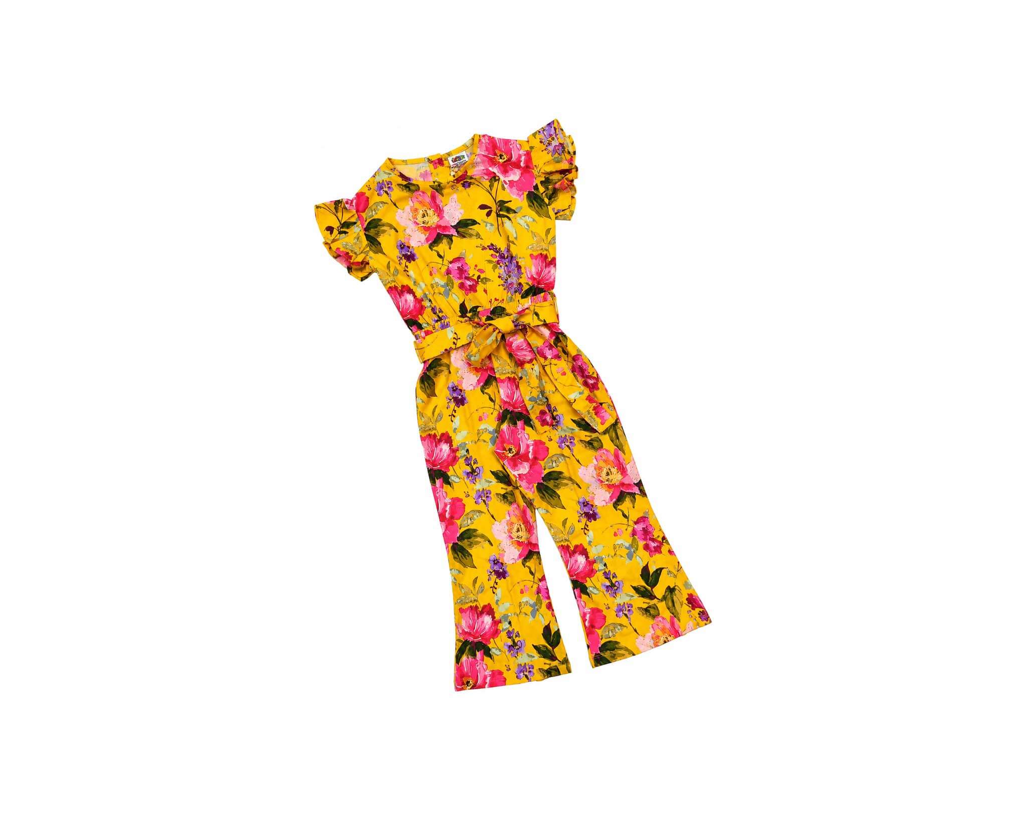 PinkLargeFlowersPrintedFrillSleeveJumpsuit-Yellow_1