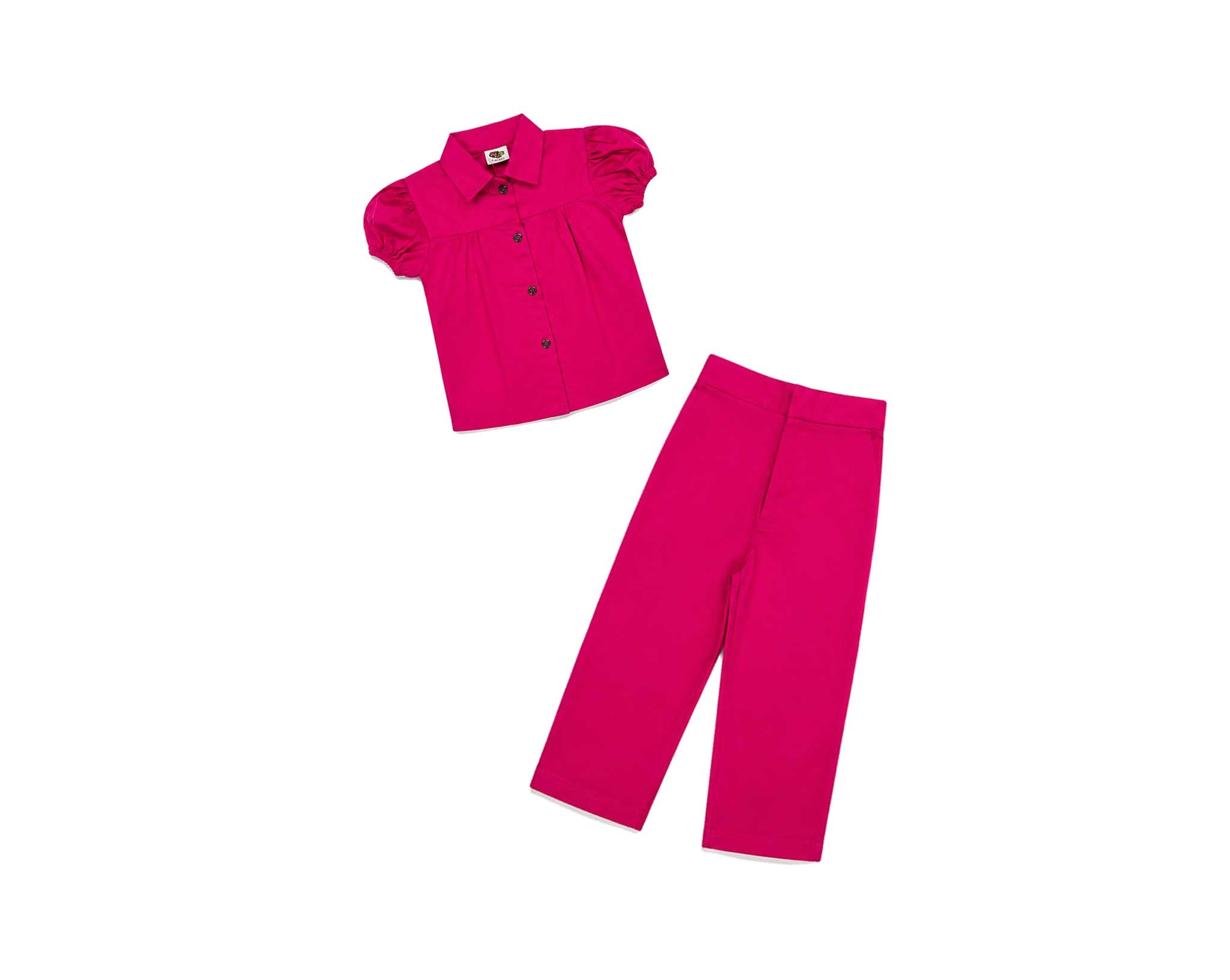 Pink Blossom Puff Sleeve Cotton Top & Trouser - Shocking Pink-1