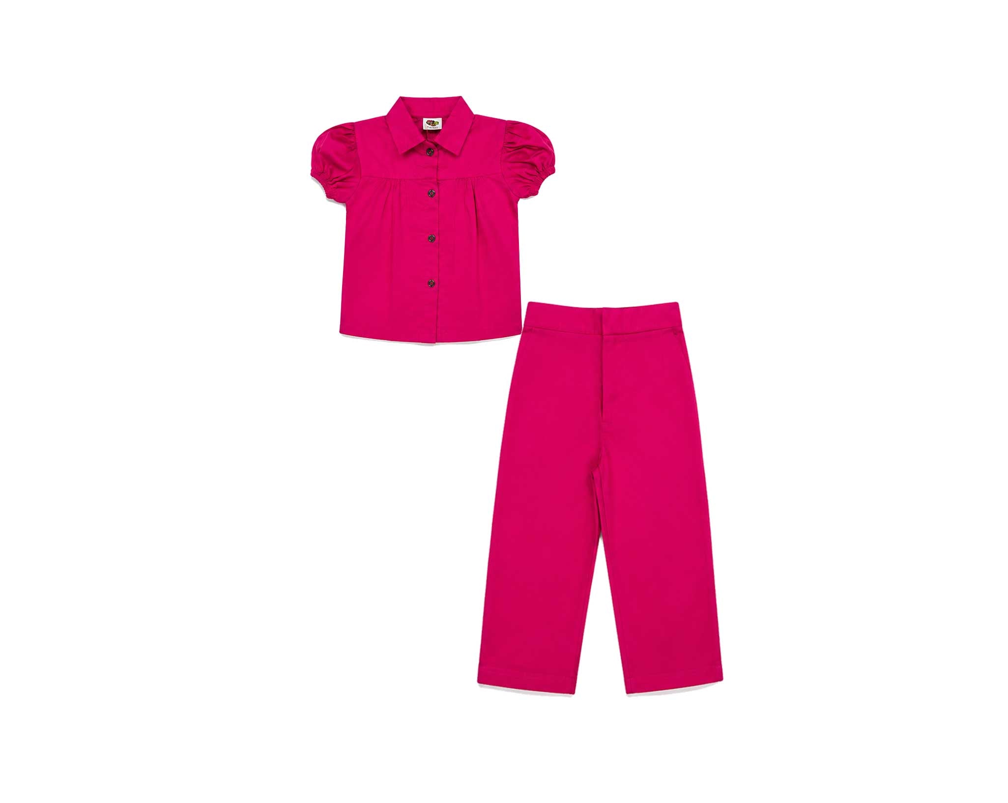 Pink Blossom Puff Sleeve Cotton Top & Trouser - Shocking Pink