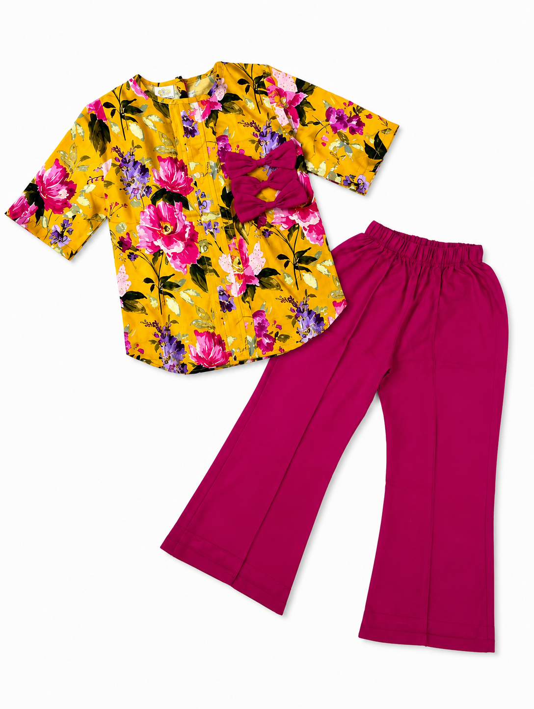 Pink Bow Flower Print Cotton Top & Flapper Trouser - Yellow & Shocking Pink-1