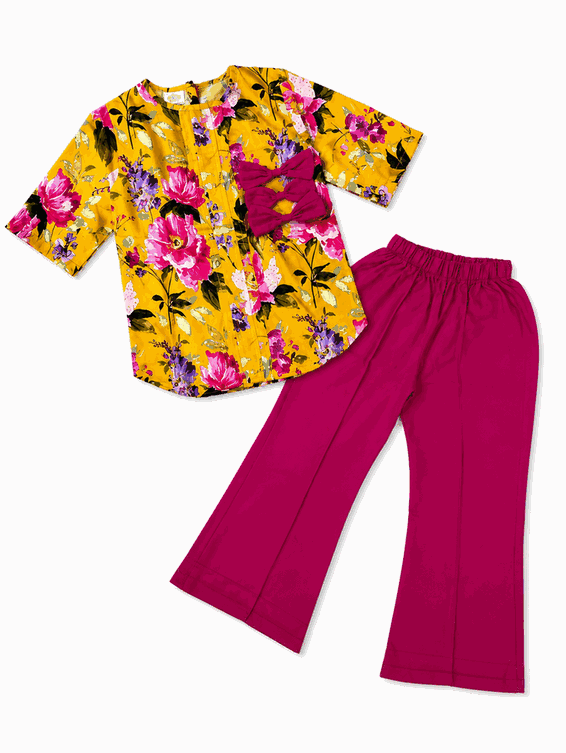 Pink Bow Flower Print Cotton Top & Flapper Trouser - Yellow & Shocking Pink-1