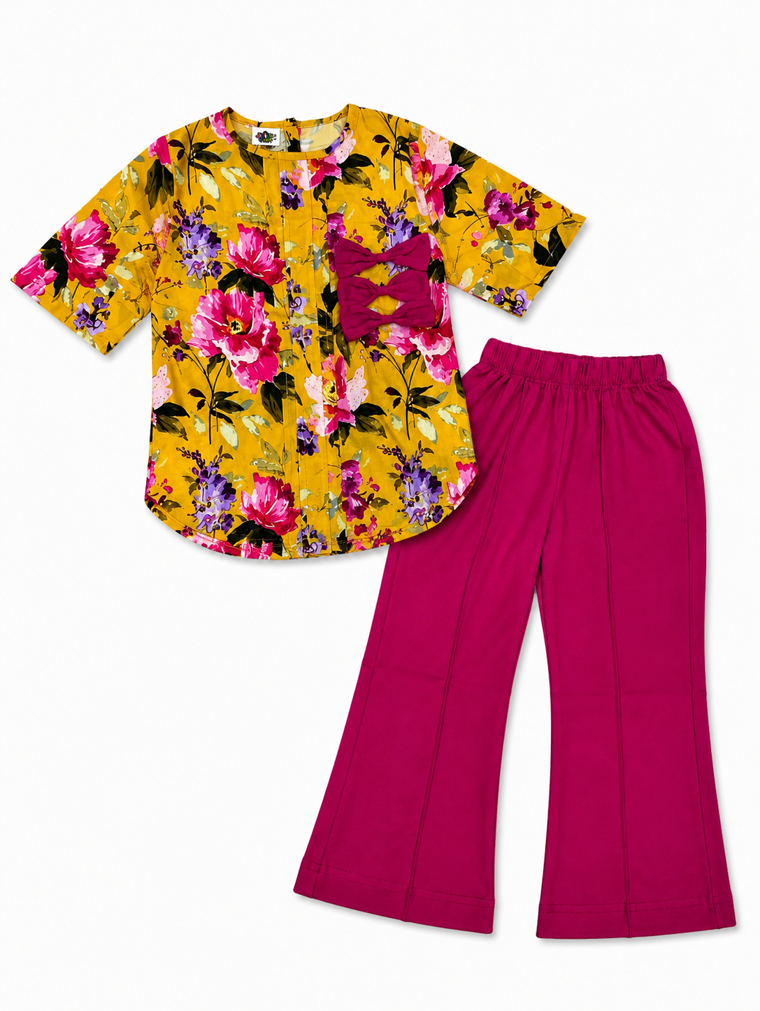 Pink Bow Flower Print Cotton Top & Flapper Trouser - Yellow & Shocking Pink