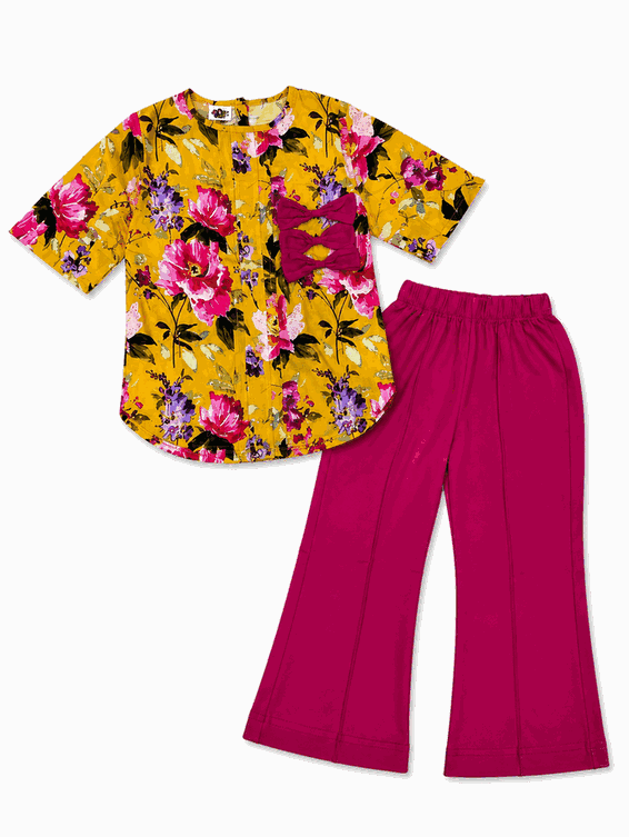 Pink Bow Flower Print Cotton Top & Flapper Trouser - Yellow & Shocking Pink