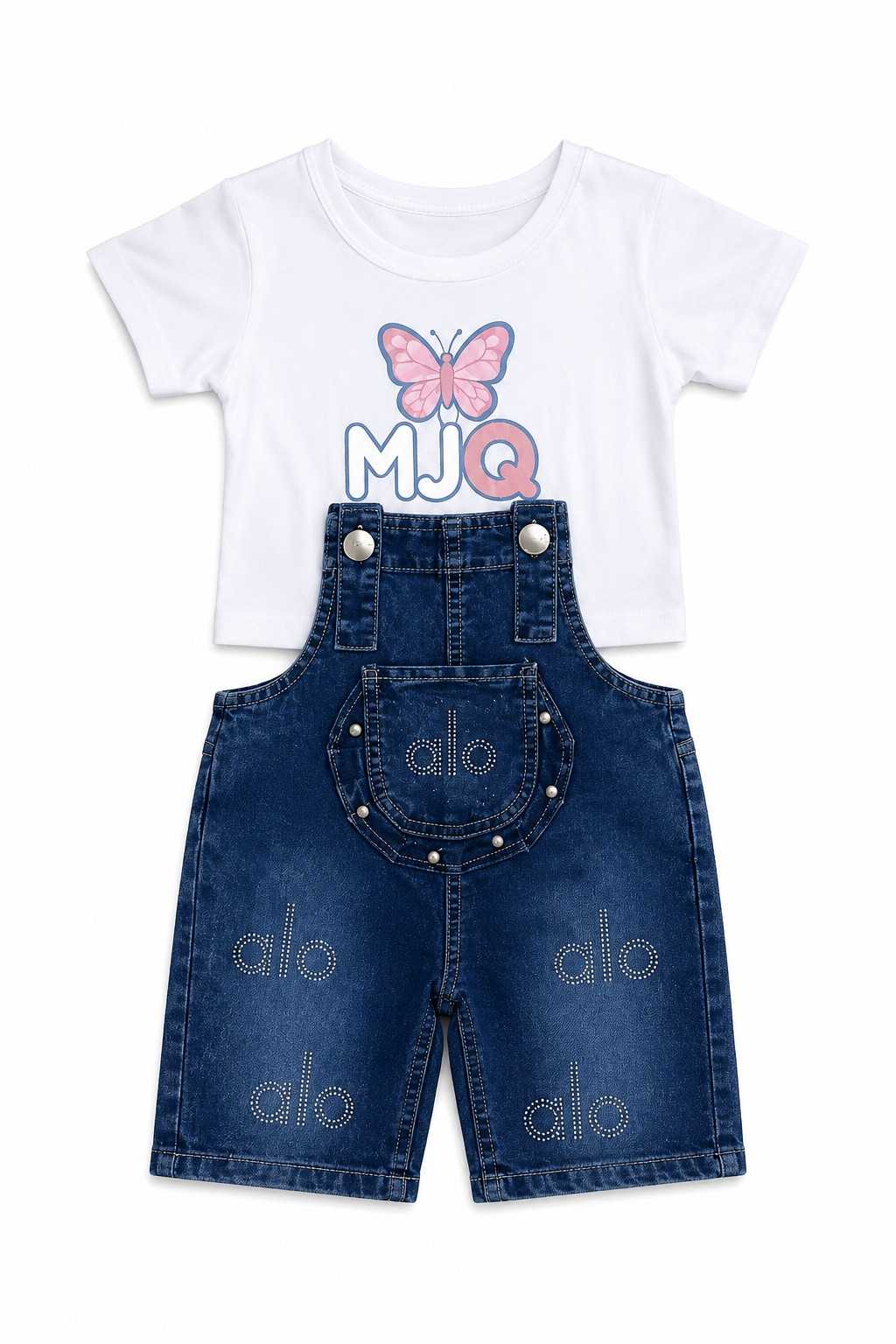 Pink Butterfly Denim Romper -White & Mid blue