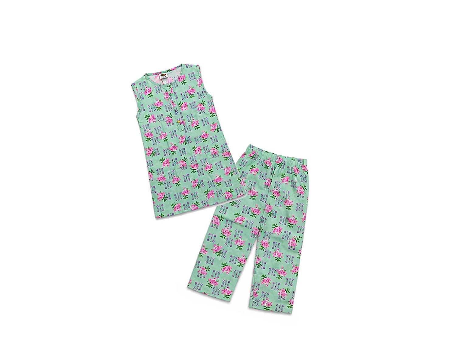 Pink Floral  sleeveless 2-piece digital printed lawn -Mint Green-1