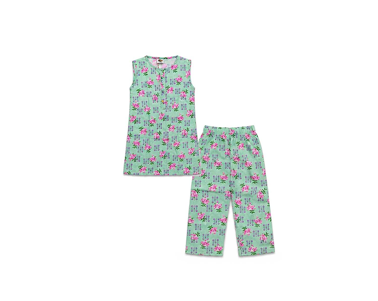 Pink Floral  sleeveless 2-piece digital printed lawn -Mint Green
