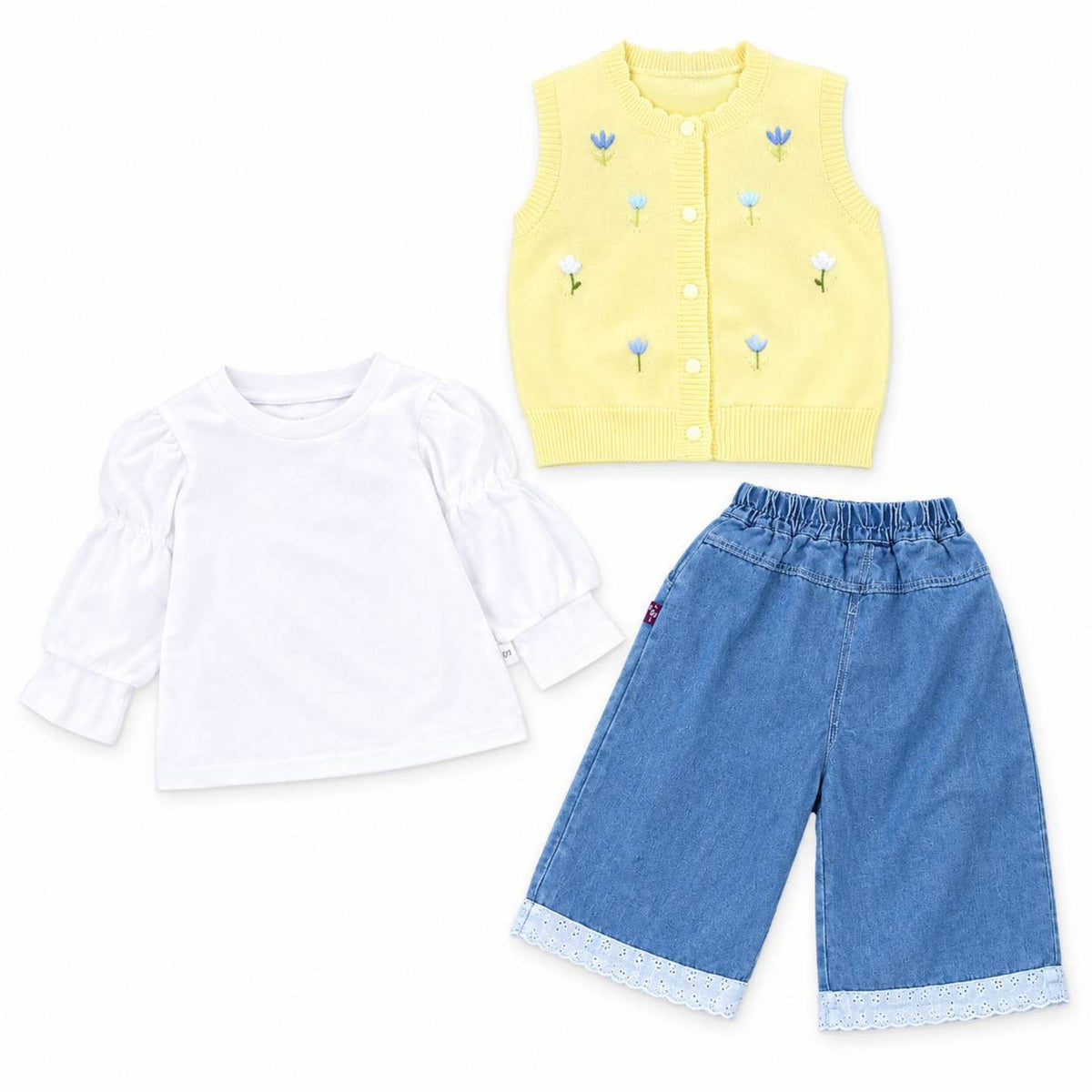 Pink Flower Elegant Waistcoat Wool with White Lace Top & Jeans - Liam Yellow & White