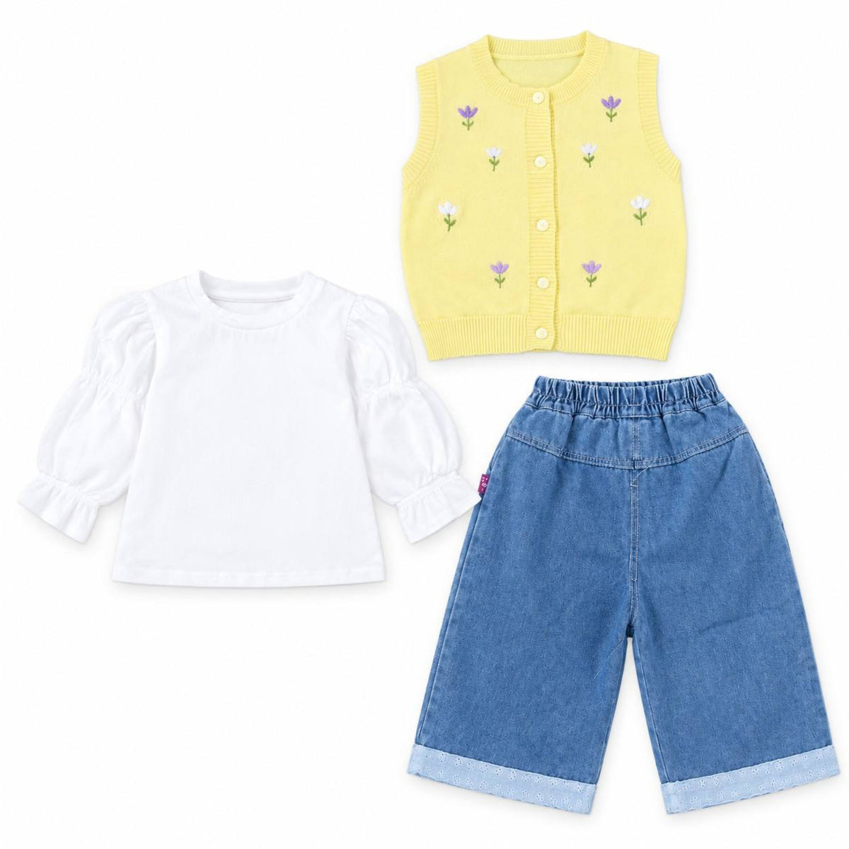 Pink Flower Elegant Waistcoat Wool with White Lace Top & Jeans - Liam Yellow & White