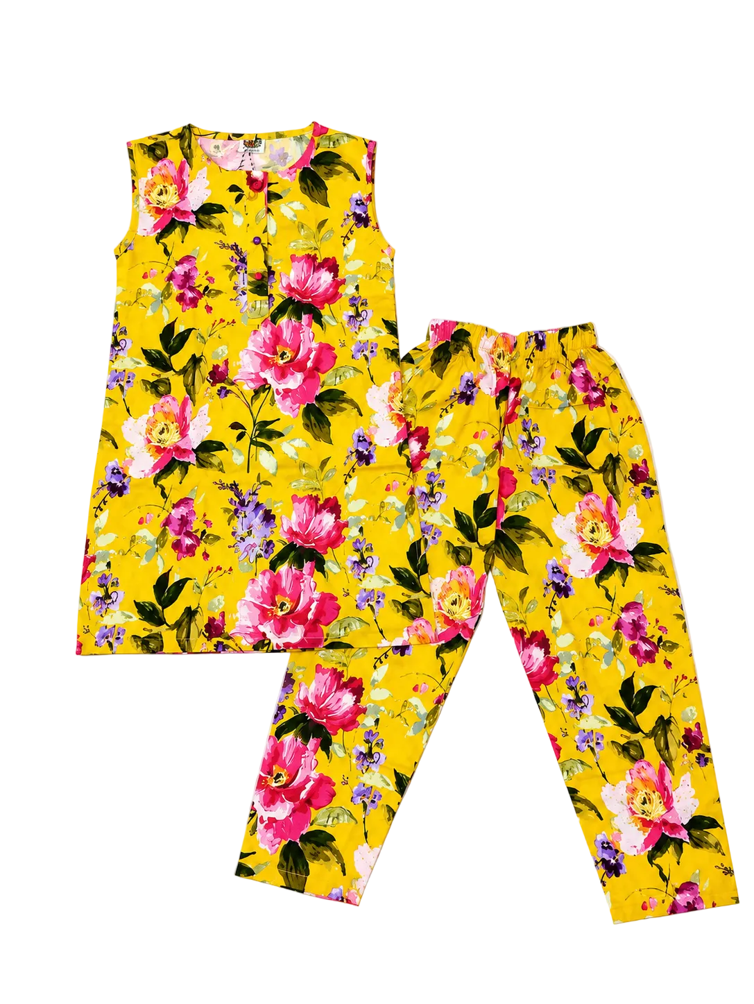 Pink Flower Sleeveless Kurti & Trouser - Mustered-1