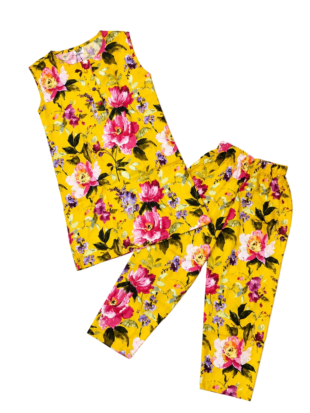 Pink Flower Sleeveless Kurti & Trouser - Mustered