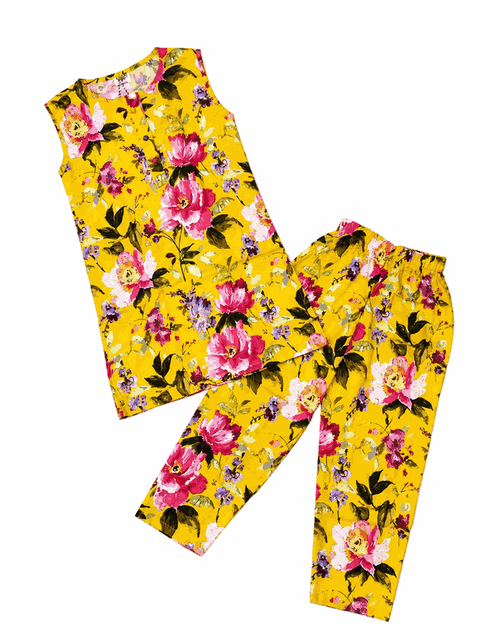 Pink Flower Sleeveless Kurti & Trouser - Mustered